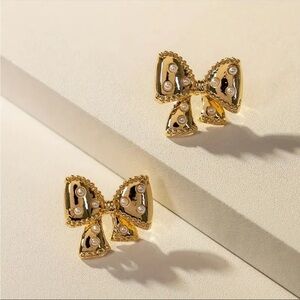 Gold Bow Stud Earrings Crystal Accent Ribbon Design NWT